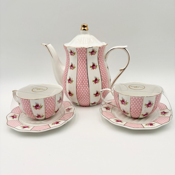 Grace Teaware Other - Grace Teaware Pink Polka Dot Rose Floral Porcelain Teapot and 2 Cup Saucer Set